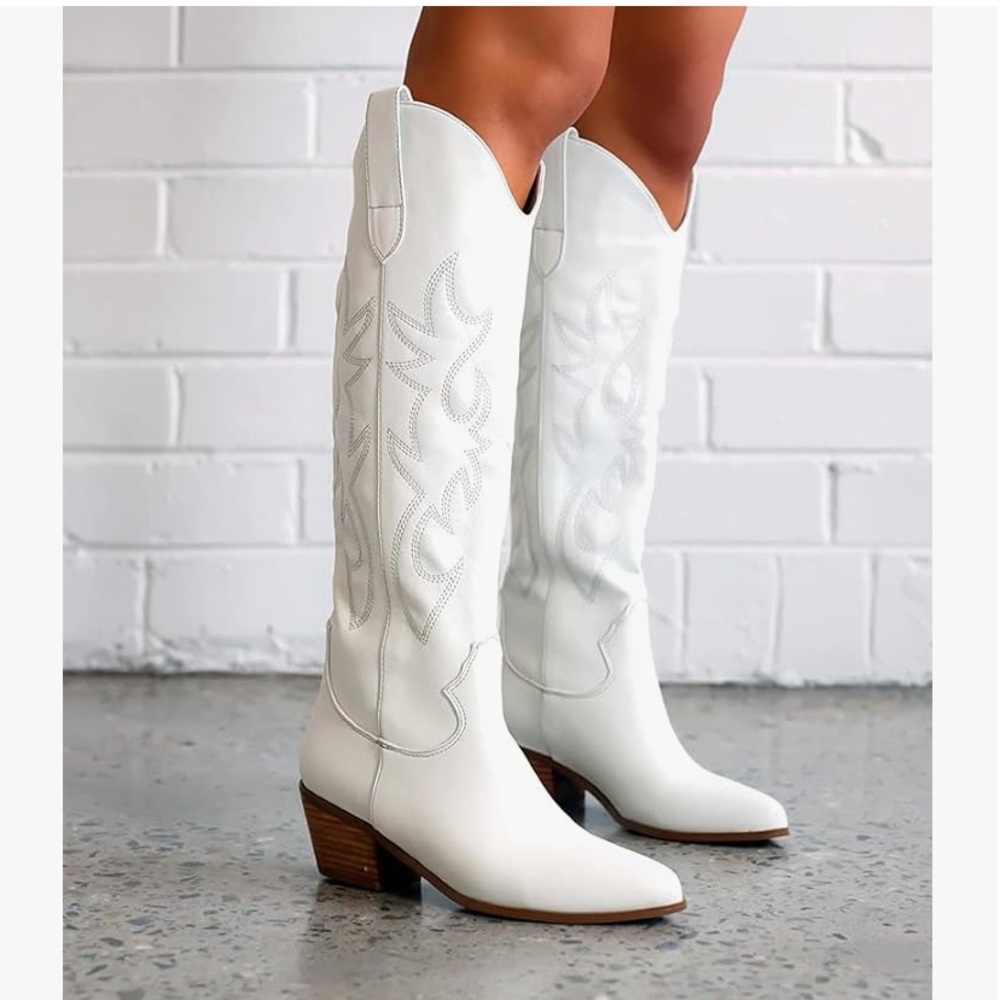 Embroidered White Over the Knee Cowboy Boots